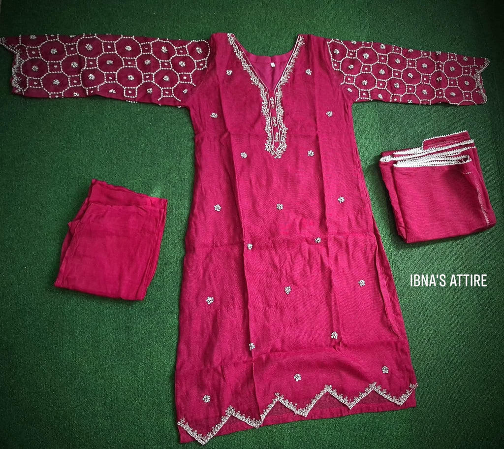Khaddi net three piece suit