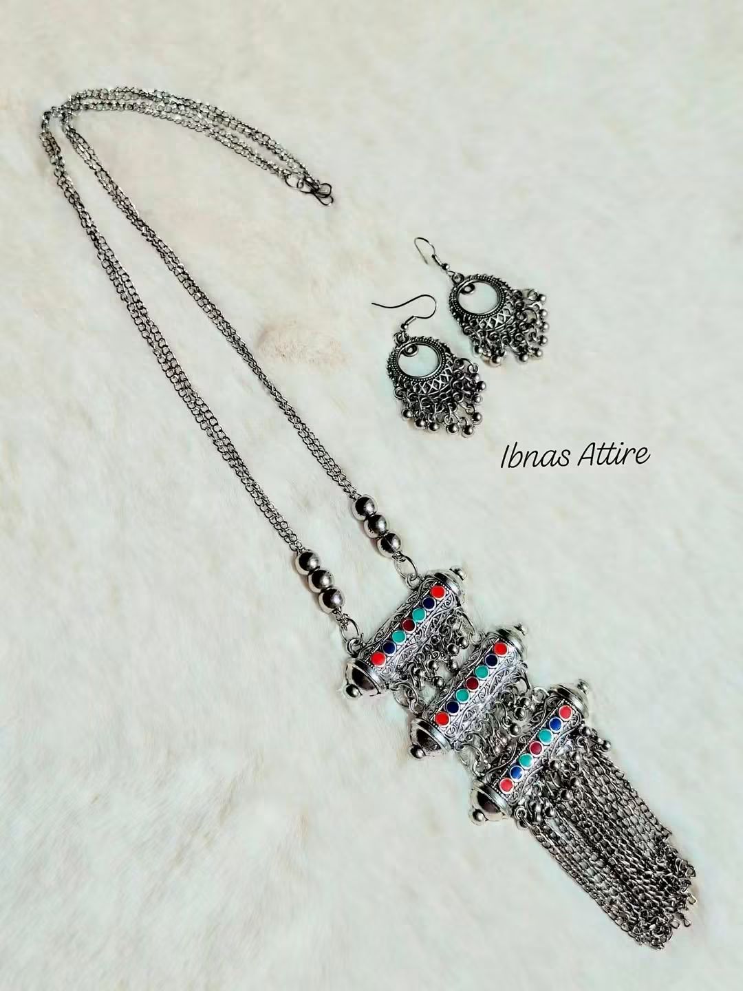 Oxidized silver-toned traditional Indian jewelry set Multi-Color Enamel Accents (Red, Blue, Green) and Chain Tassels
