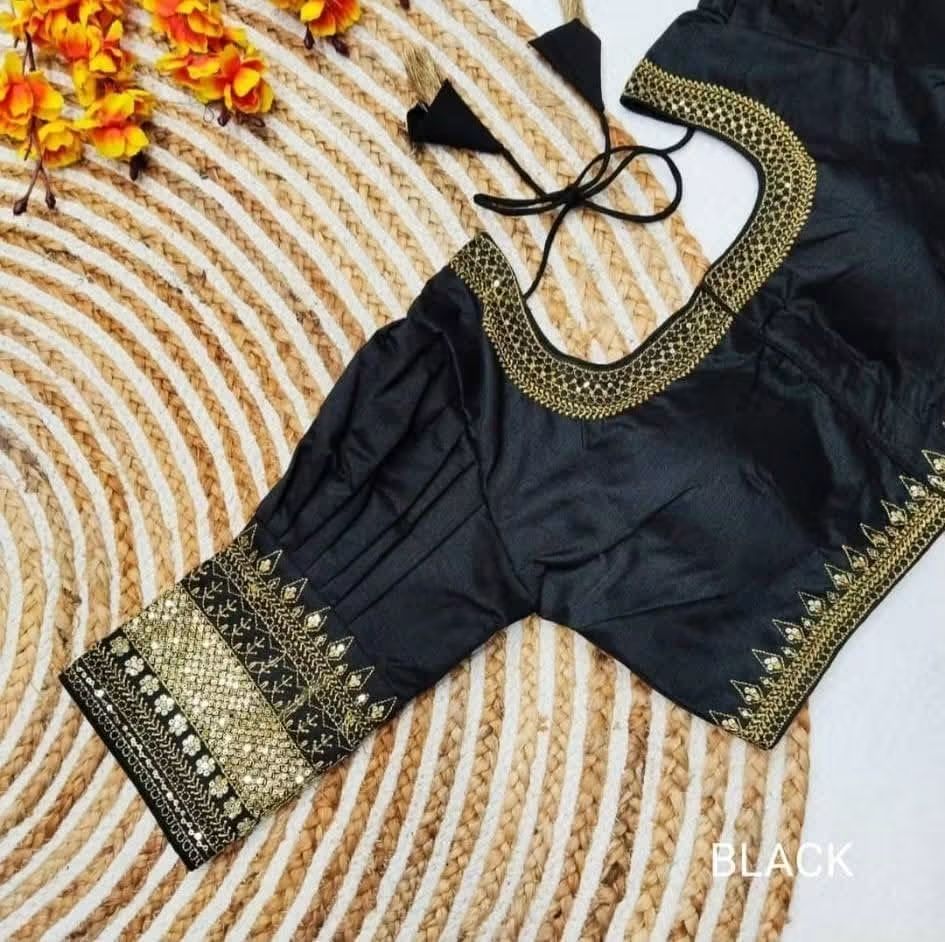 Ready-to-Wear Boutique Special Jasmin Silk Blouse with Sequence Embroidery, Puff Elbow Sleeves in Black (Size-38)-(Free Size Alteration From 36 to 40 Size)