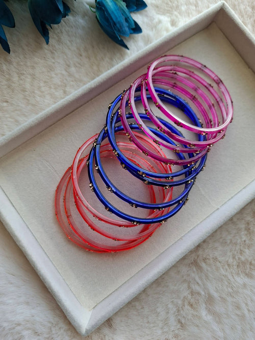 12-Piece Multi-Color Glass Bangle Stack with Gold Sequin Accents | Coral Orange, Royal Blue & Magenta Pink Festive Glass Churi Set (Size 2.8)