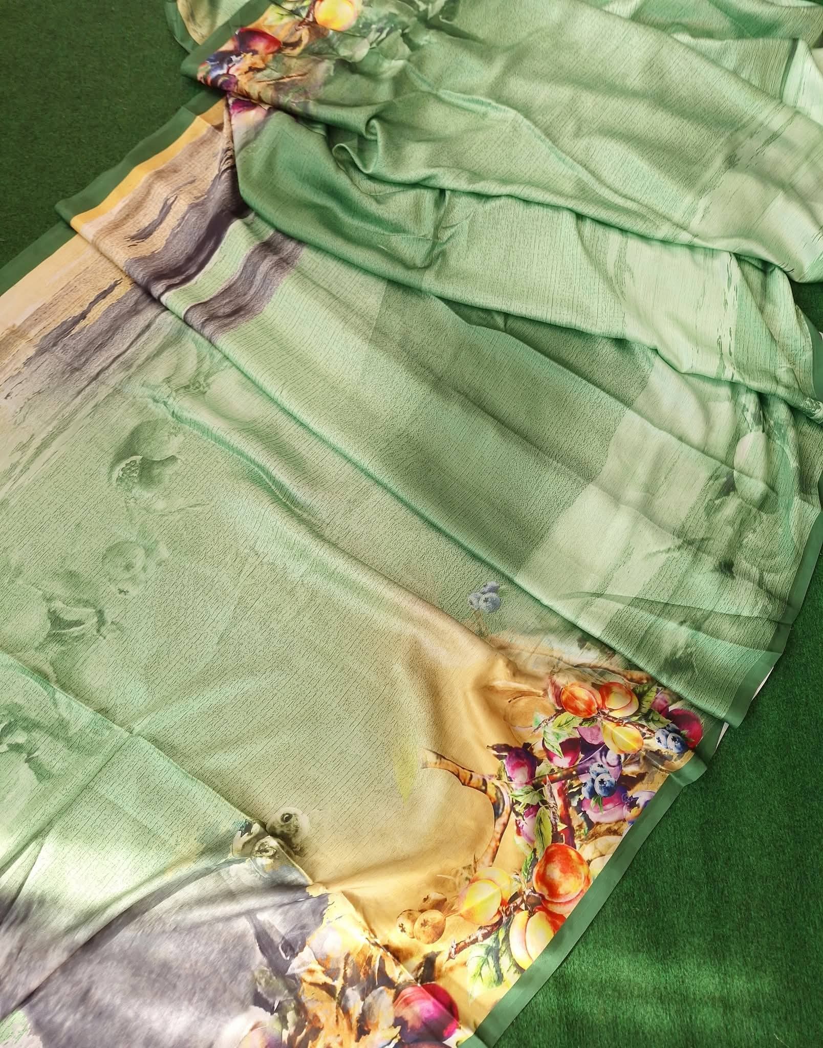 Swiss satin silk saree - Green