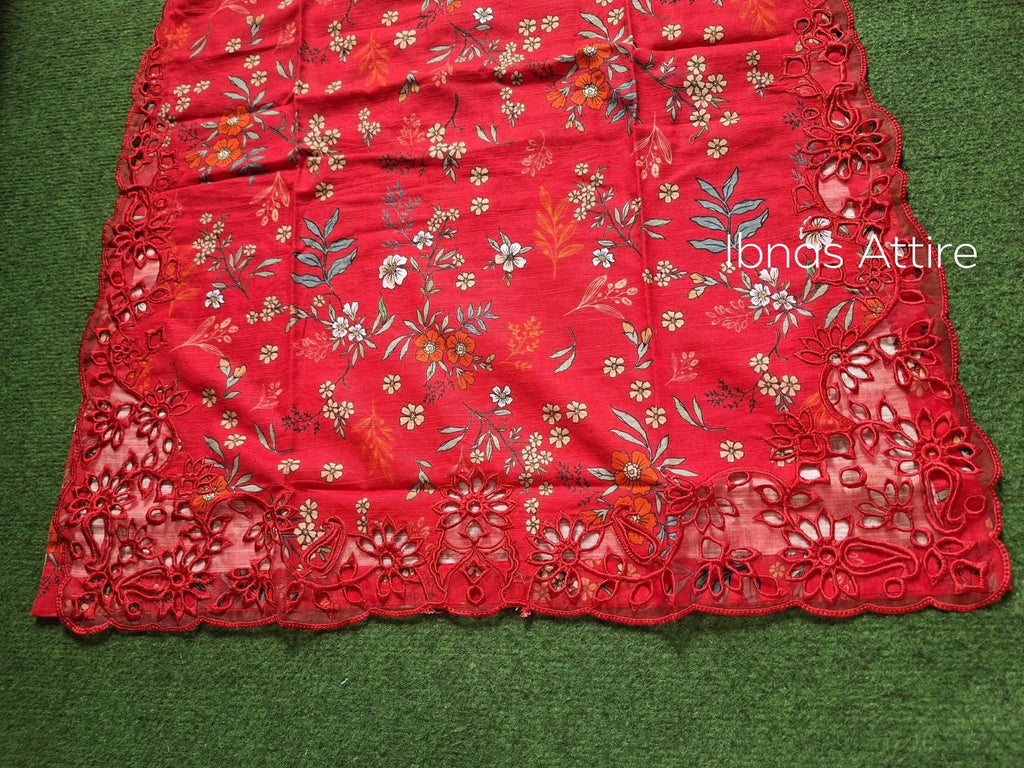 Sadabahar Pakistani Winter Lawn 3-Piece Suit | Red Floral Printed Kurta with Cutwork & Dupatta (Size- 38) (Loose fit)