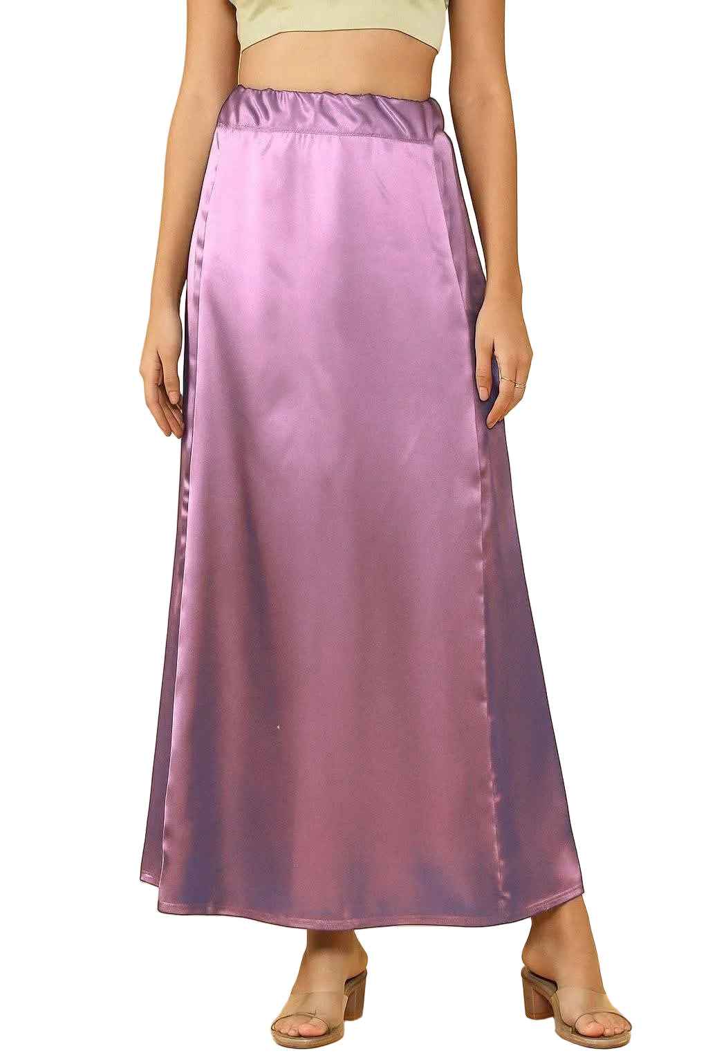 Lilac satin skirt worn by a person on a white background