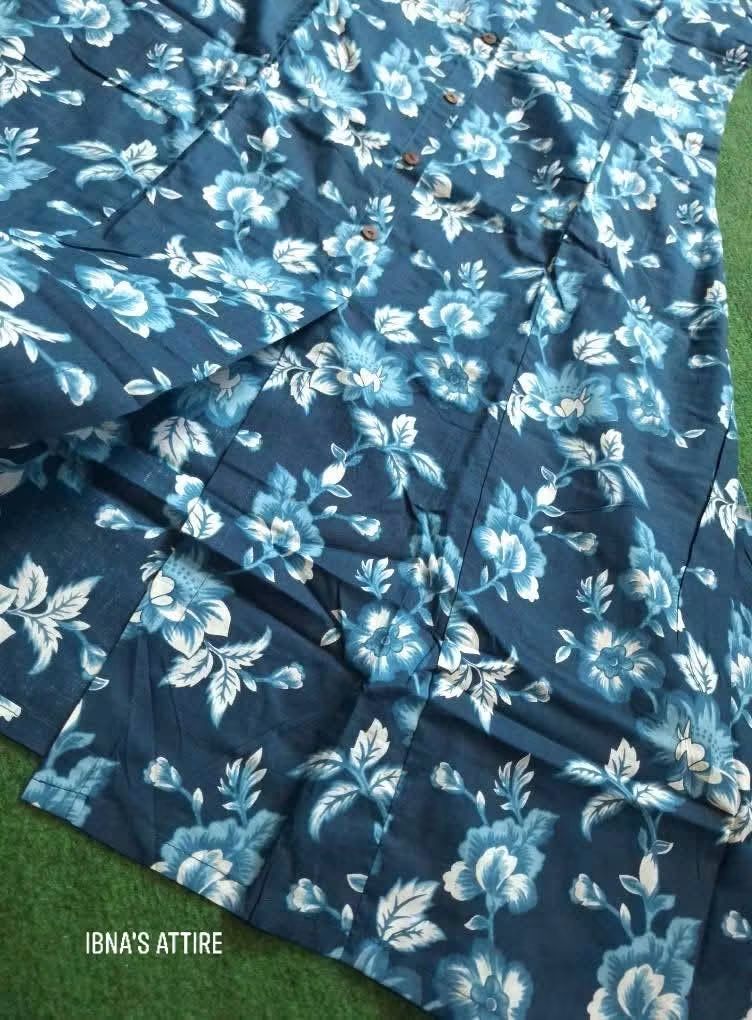 Premium Jaipuri Floral Fine Cotton Kurti in Blue with Front Buttons and Pocket (Size-38)