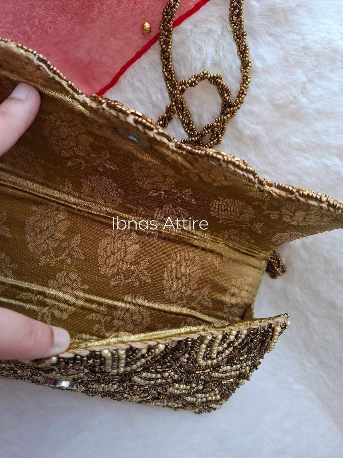 Handcrafted Beaded & Sequin Ethnic Clutch | Gold & Bronze Designer Party Purse with Sling Strap