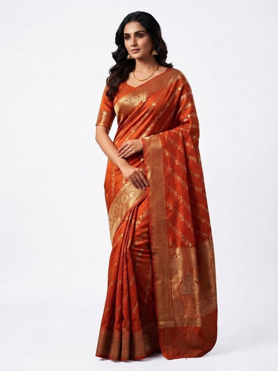 Featuring a model wearing on a Banarasi Semi Silk Saree with Blouse Piece. Intricately detailed gold metallic threadwork creating ornate traditional patterns along the borders and pallu in Rust orange color on a white background 