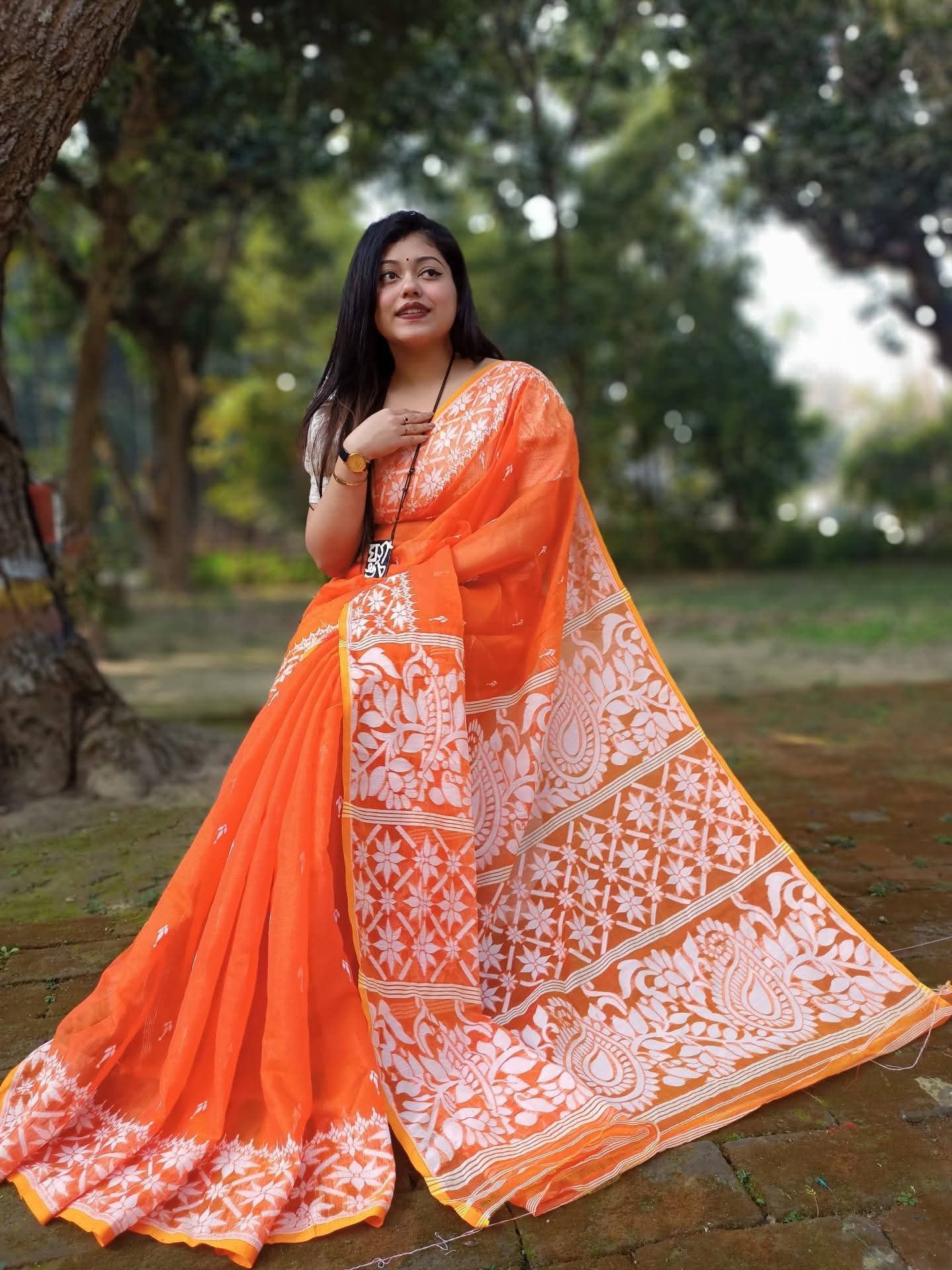 Jamdani saree- power loom- orange