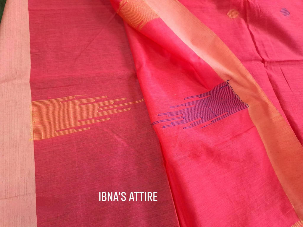 Pure Khaddi Cotton Handloom Saree | Dual-Tone Coral Pink & Ochre Yellow Handwoven Saree with Contrast Blouse Piece