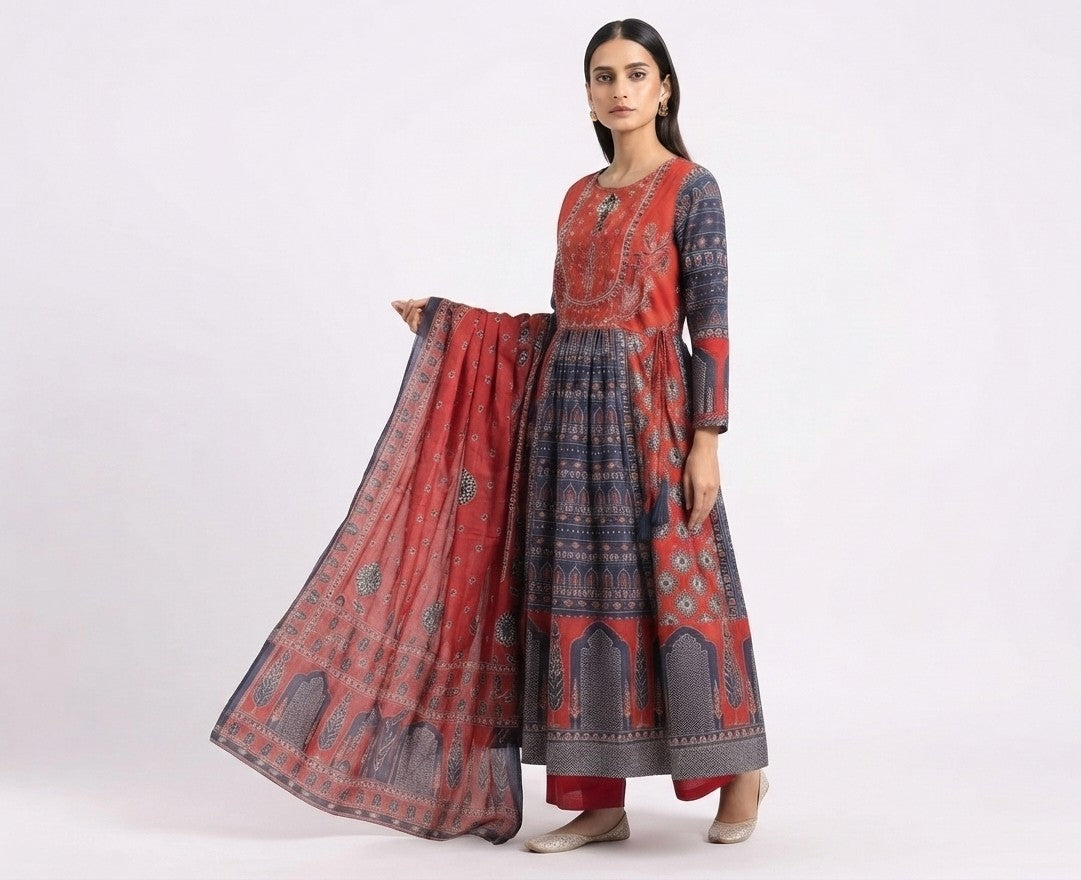 A woman modeling a traditional jaipuri cotton anarkali outfit consisting of a red and navy printed kurta with matching pants and a dupatta, set against a plain light gray background.