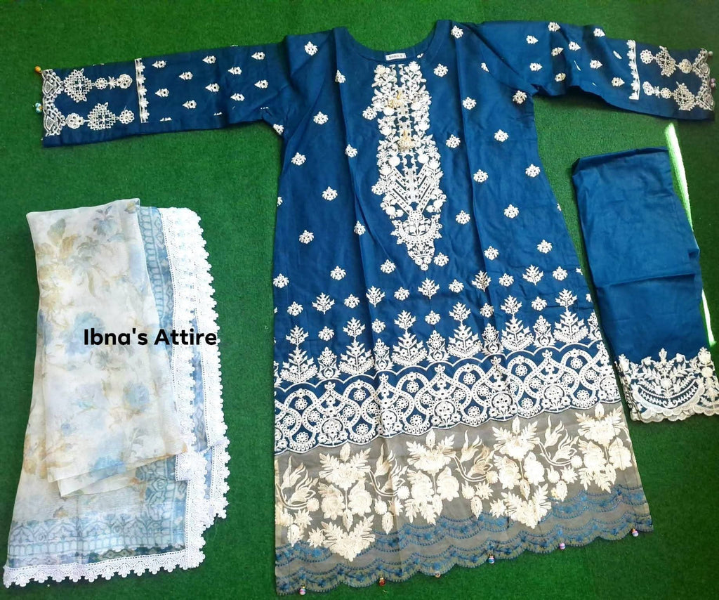 Premium Teal Blue Pakistani Pure Cotton Three-Piece Suit