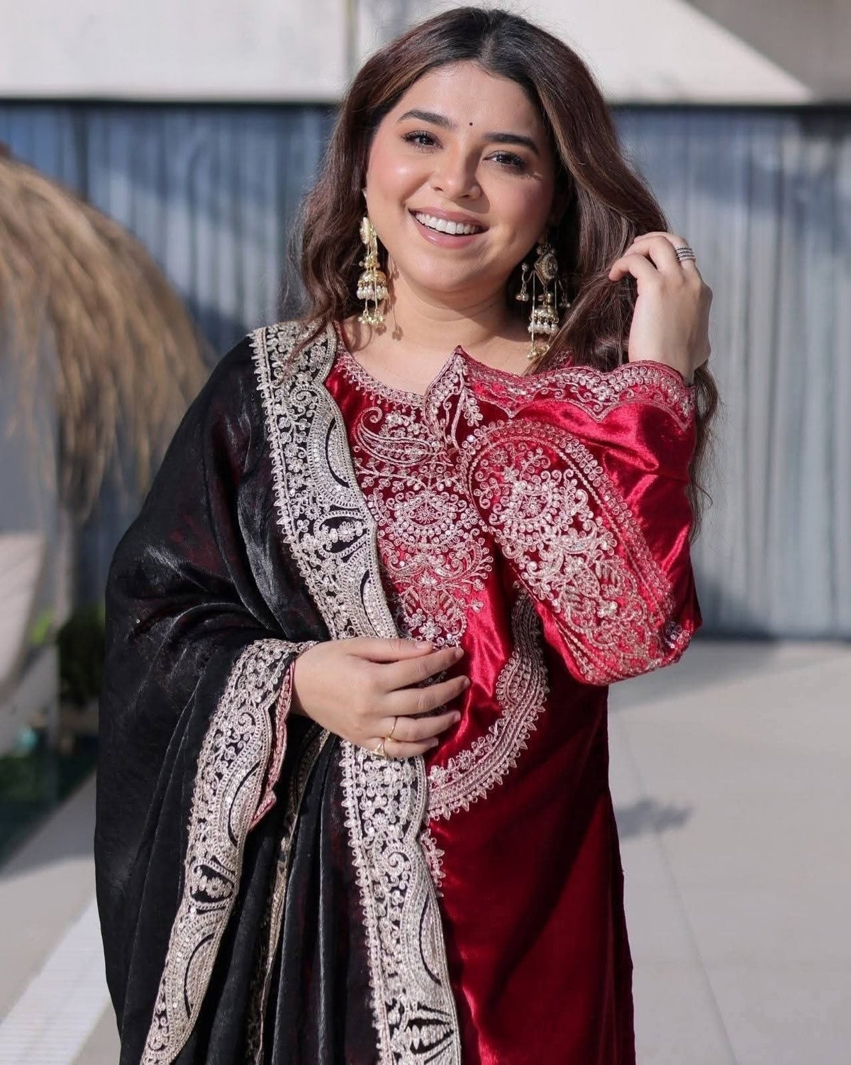 Women's Premium Ice Velvet Zari Embroidered 3-Piece Suit with Fendi Dupatta | Maroon Festive Wear