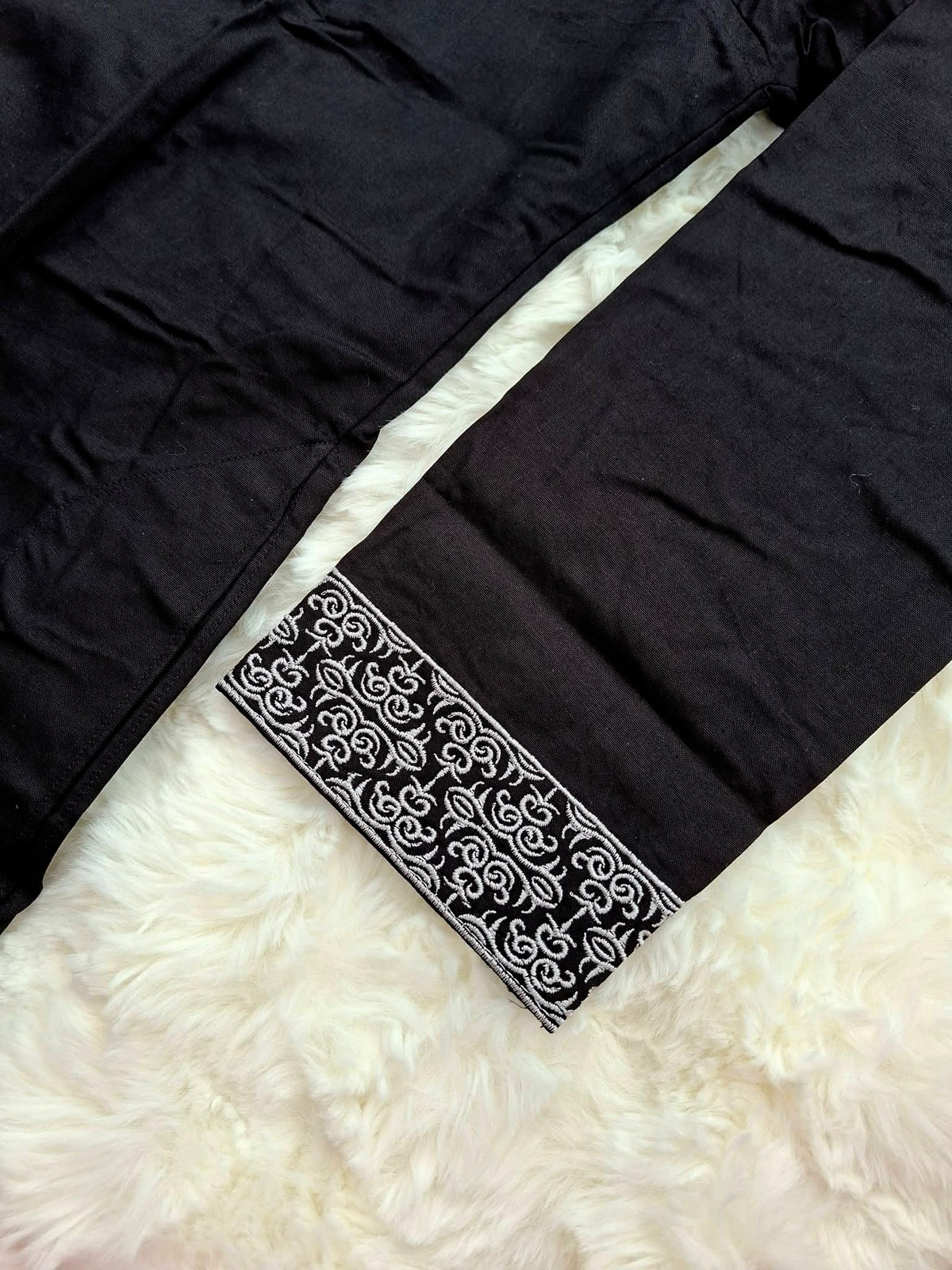 Men's Classic Black Soft Cotton Panjabi with Silver Thread Embroidered Collar & Cuffs (Size 42 & 48)