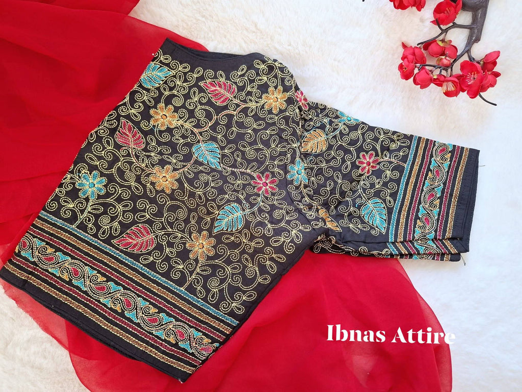Handcrafted Kantha Stitch Malai Cotton Readymade Blouse | Classic Black Embroidered Saree Blouse (Size-40) (Free size alteration available from 36 to 42 size)