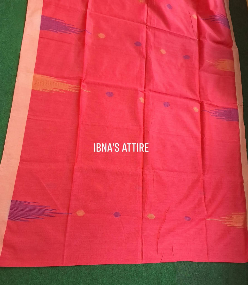Pure Khaddi Cotton Handloom Saree | Dual-Tone Coral Pink & Ochre Yellow Handwoven Saree with Contrast Blouse Piece