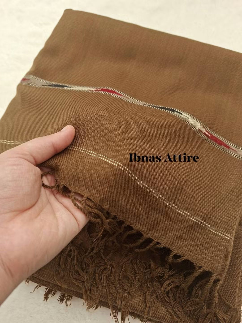 Men's Premium Warm Pashmina Winter Wool Shawl | Brown with Woven Border & Tassels (250×130 cm)
