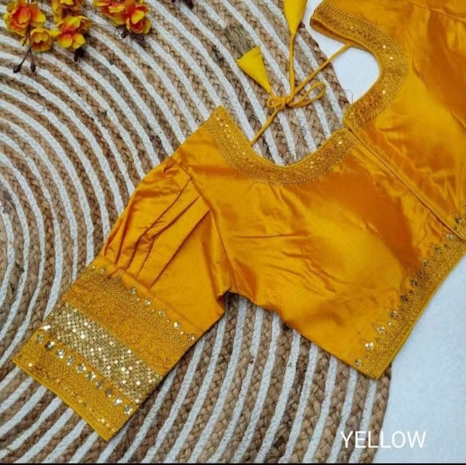 Ready-to-Wear Boutique Special Jasmin Silk Blouse with Sequence Embroidery, Puff Elbow Sleeves in Mary Gold - (Size-38)-(Free Size Alteration From 36 to 40 Size)