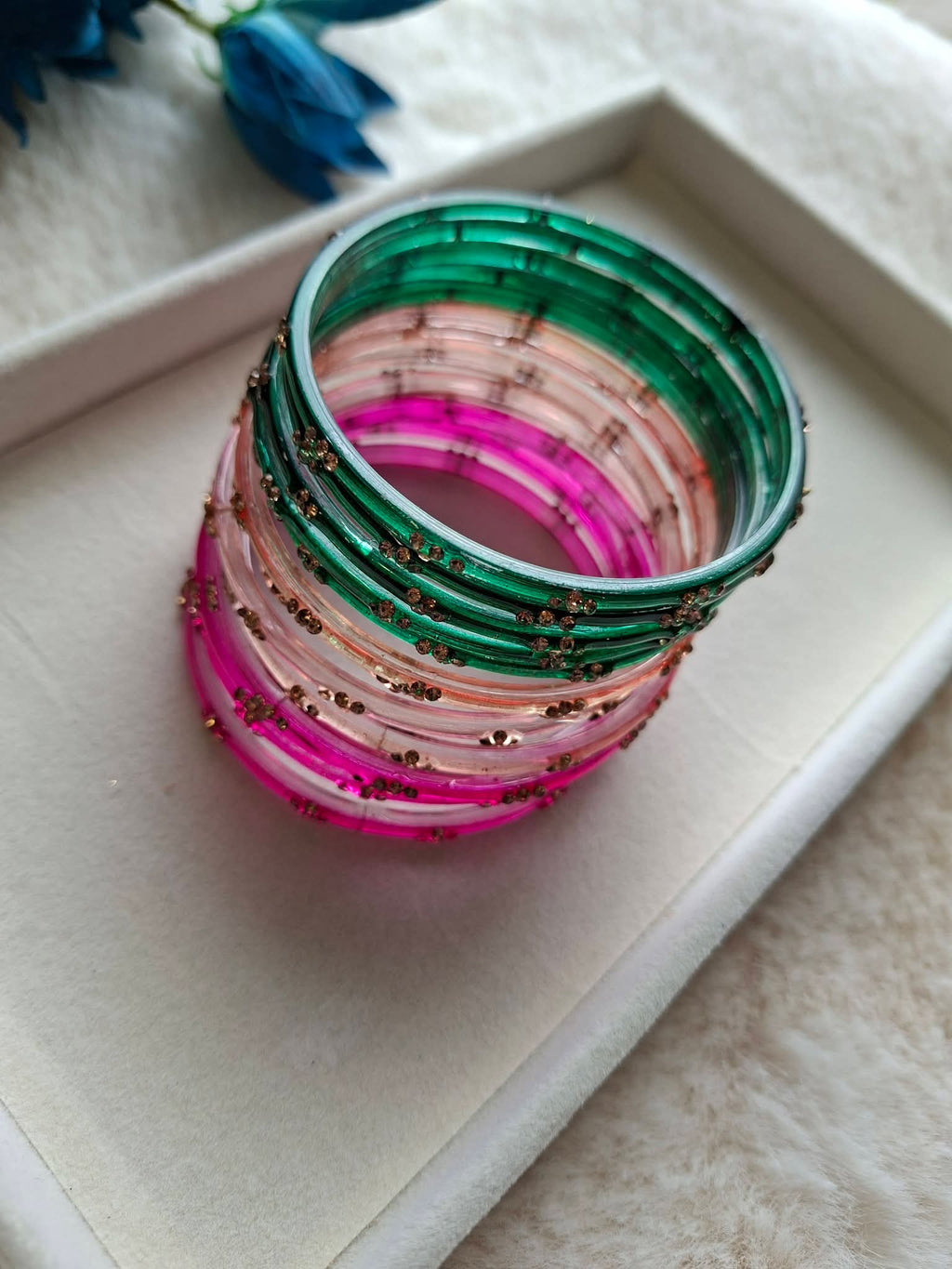 12-Piece Tri-Tone Glass Bangle Stack with Gold Sequin Accents  | Forest Emerald Green, Champagne Amber & Magenta Pink Festive Glass Churi Set (Size 2.8)