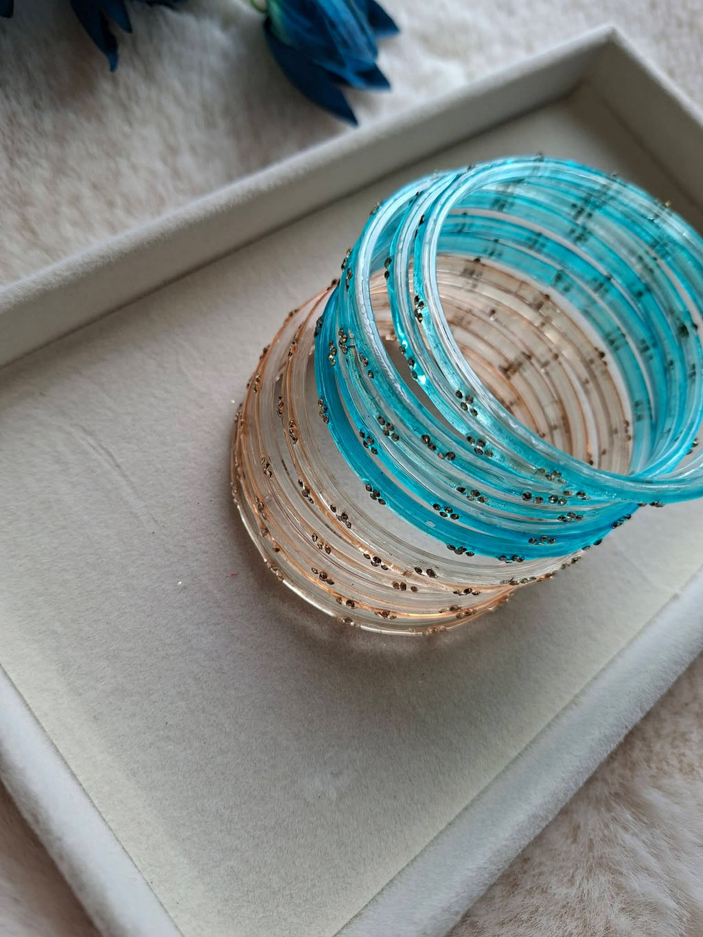 12-Piece Dual-Tone Glass Bangle Stack with Gold Sequin Accents  | Champagne Gold & Aqua Cyan Festive Glass Churi Set(Size 2.8)