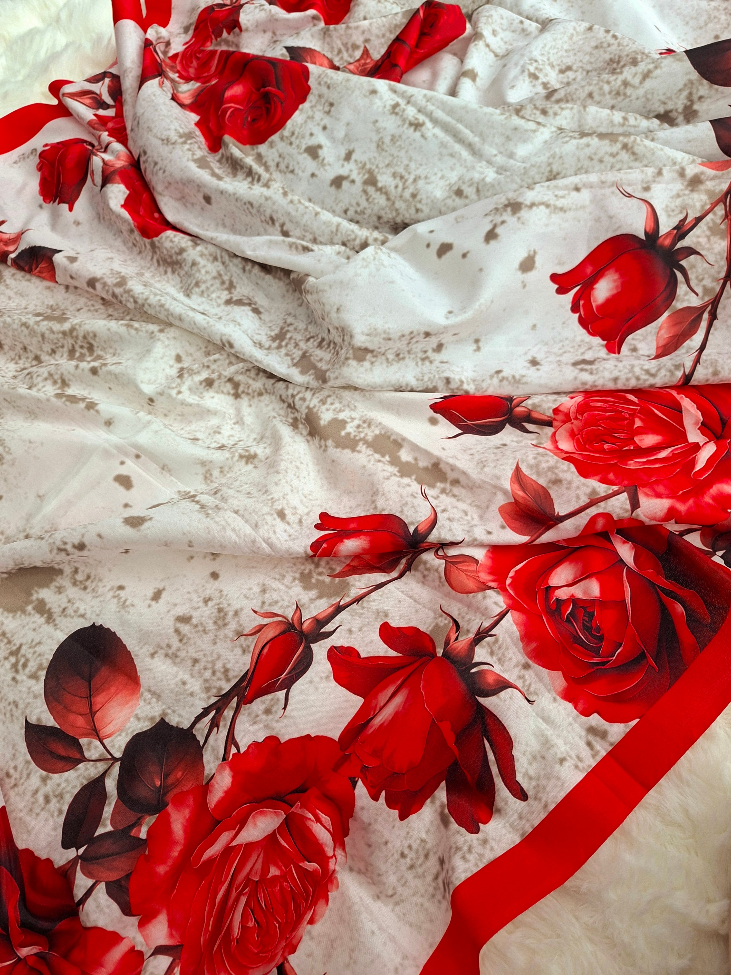 High-Quality Digital Printed Linen Saree with Blouse Piece | Floral Rose Print | Elegant Ethnic Festive Wear