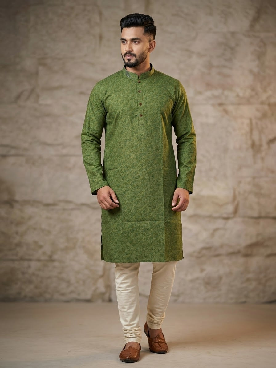 Male model standing against a textured stone wall backdrop wearing an olive green knee-length printed silk kurta with mandarin collar, paired with off-white churidar trousers and brown leather shoes. 