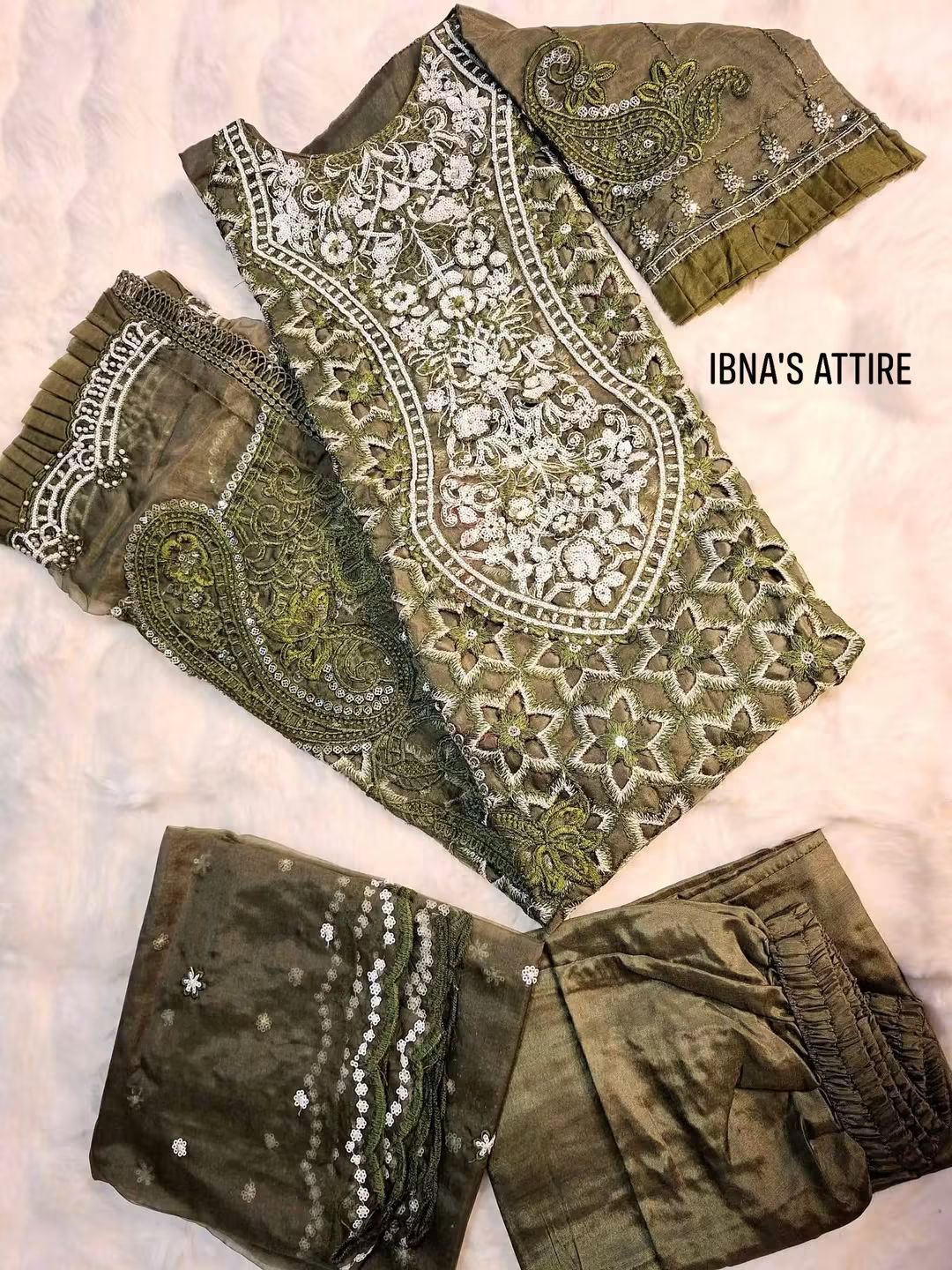 3-Piece Ethnic Suit | Olive Green Zimmy Choo Embroidered Kurta Set with Silk Pant & Organza Dupatta (Size- 42)