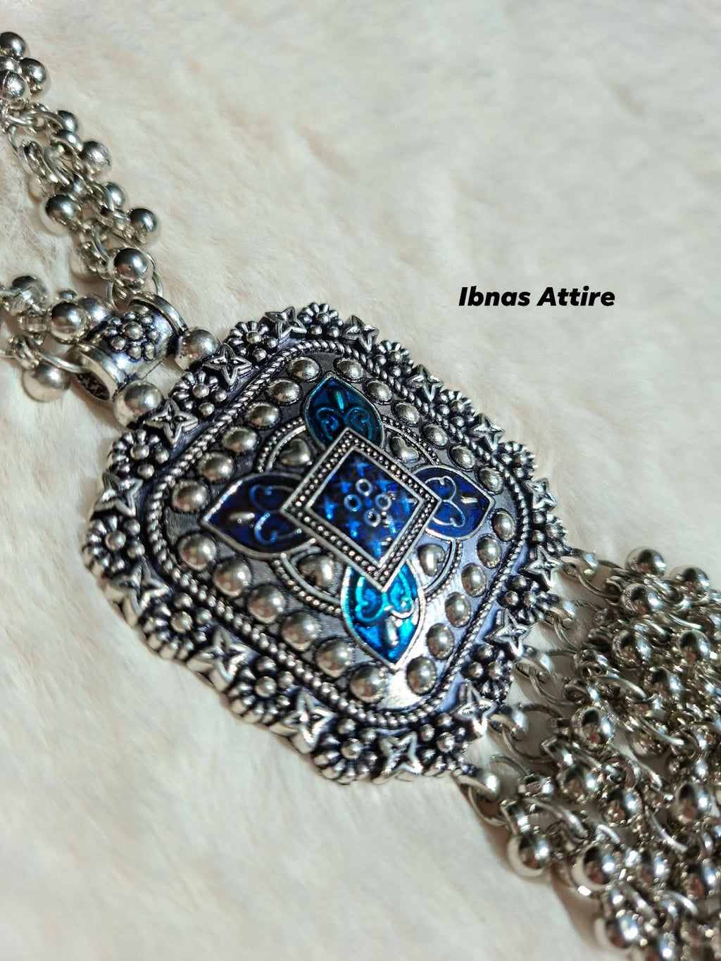 Handcrafted Oxidized Silver Long Statement Necklace with Royal Blue Meenakari Pendant & Ghungroo Tassels