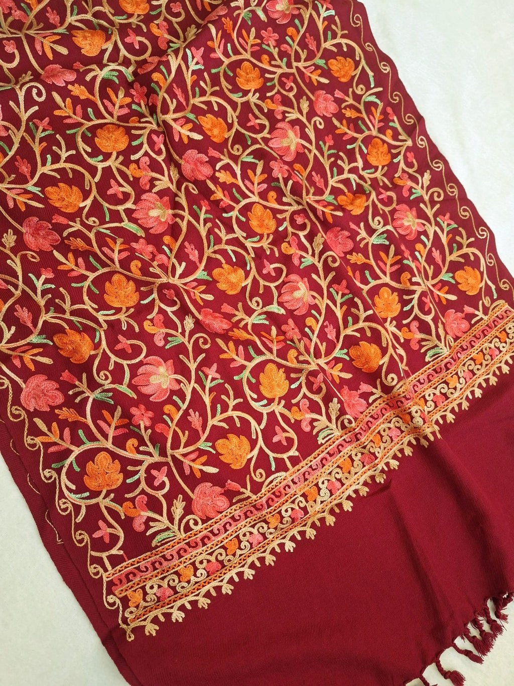 Luxurious Kashmiri Embroidered Maroon Wool Blend Shawl | Traditional Floral Aari Embroidered Winter Wrap (75x210 cm)