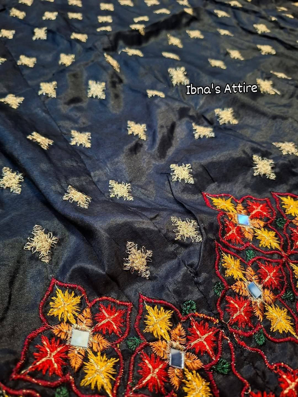 4-Piece Pakistani Katan Silk Suit with Coati, Frock, Trouser & Chiffon Dupatta | Mirror & Zari Embroidery