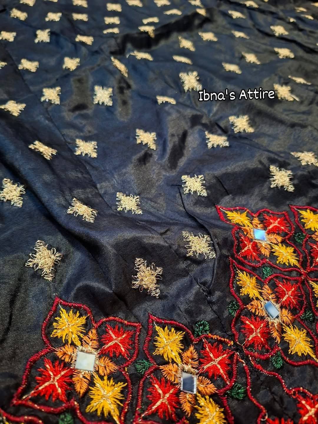 4-Piece Pakistani Katan Silk Suit with Coati, Frock, Trouser & Chiffon Dupatta | Mirror & Zari Embroidery