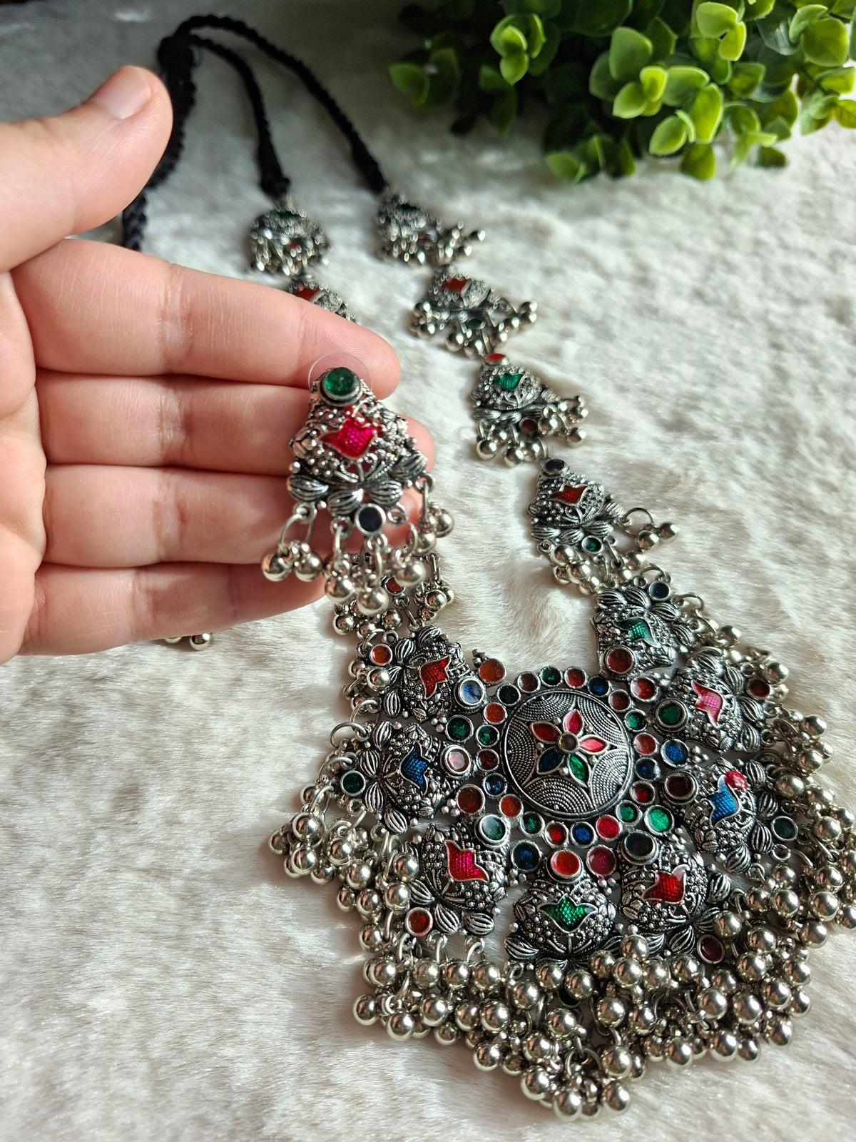 Traditional German Silver Long Necklace Set with Matching Earrings