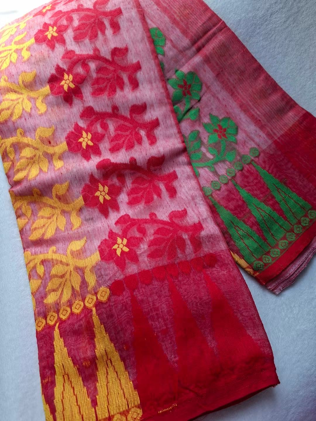 Exclusive Powerloom Dhakai Jamdani Saree in White with Multi-Color Woven Motifs and Red Pallu (Without Blouse Piece)