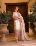 Woman in apakistani organza  traditional outfit in off white or ivory color standing in a room with plants