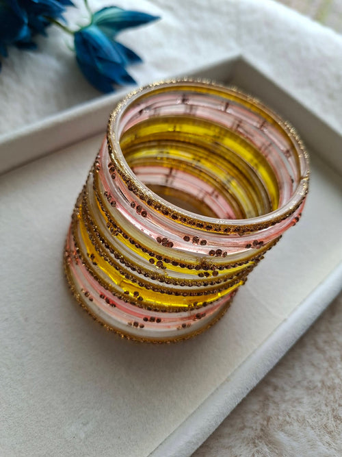 12-Piece Dual-Tone Glass Bangle Stack with Gold Sequin Accents & Glitter Edges  | Peach Pink & Golden Amber (Size 2.8)