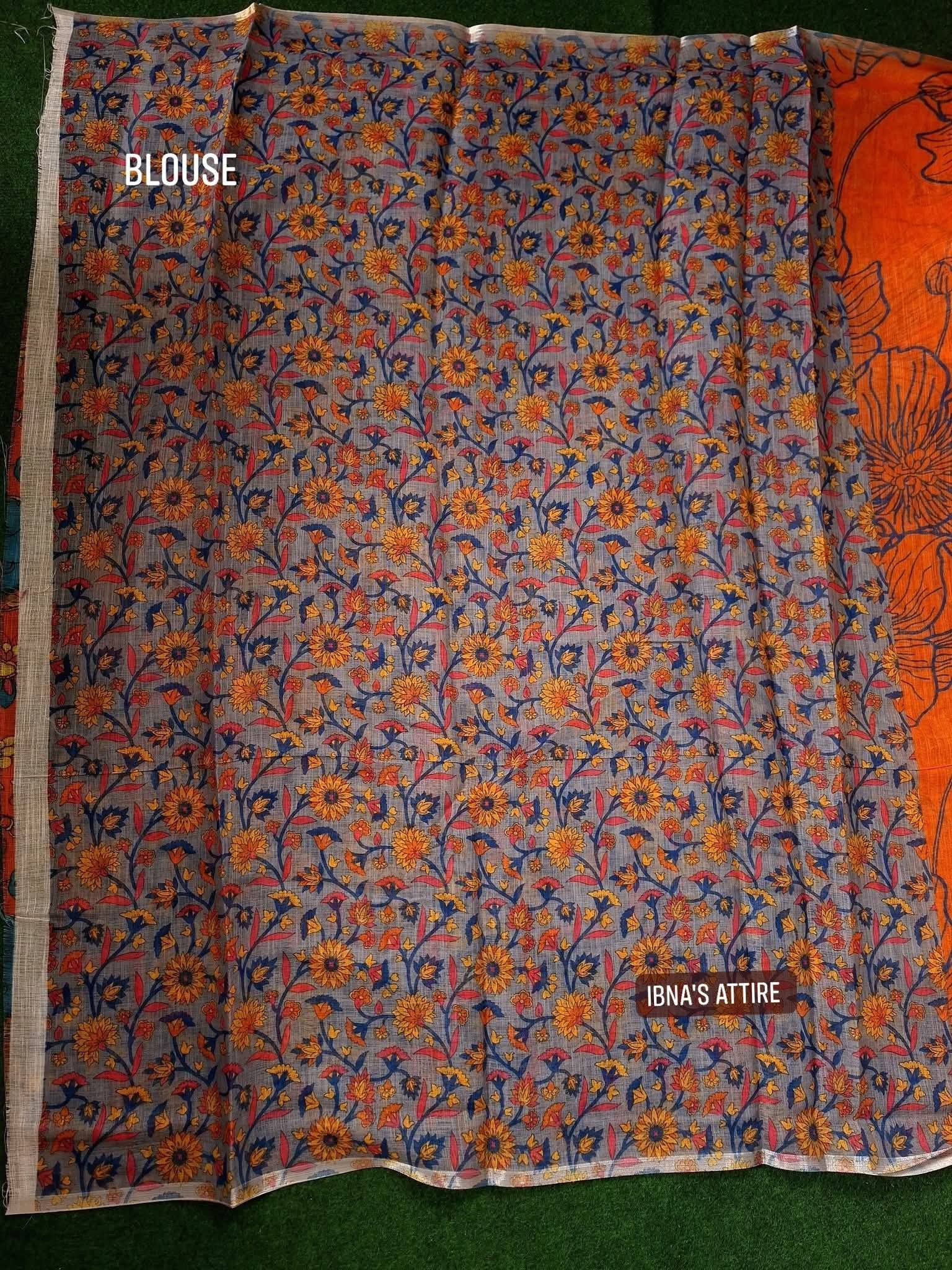 Soft linen floral Saree -burnt orange