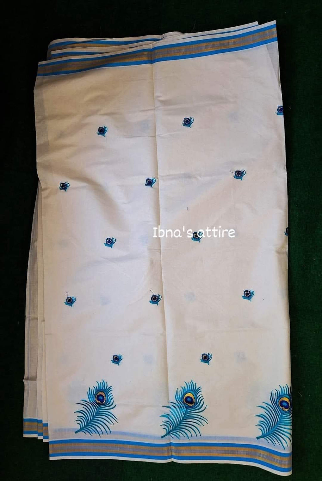 Traditional Kerala Kasavu Cotton Saree with Peacock Feather Embroidery & Running Blouse Piece