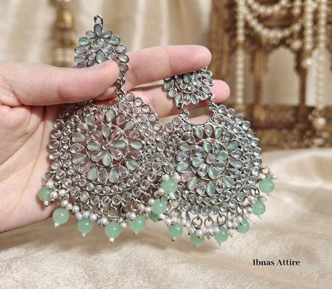 Reverse AD Stone & Mint Green Beaded Jewelry Set | Grand Chandbali Earrings & Maang Tikka