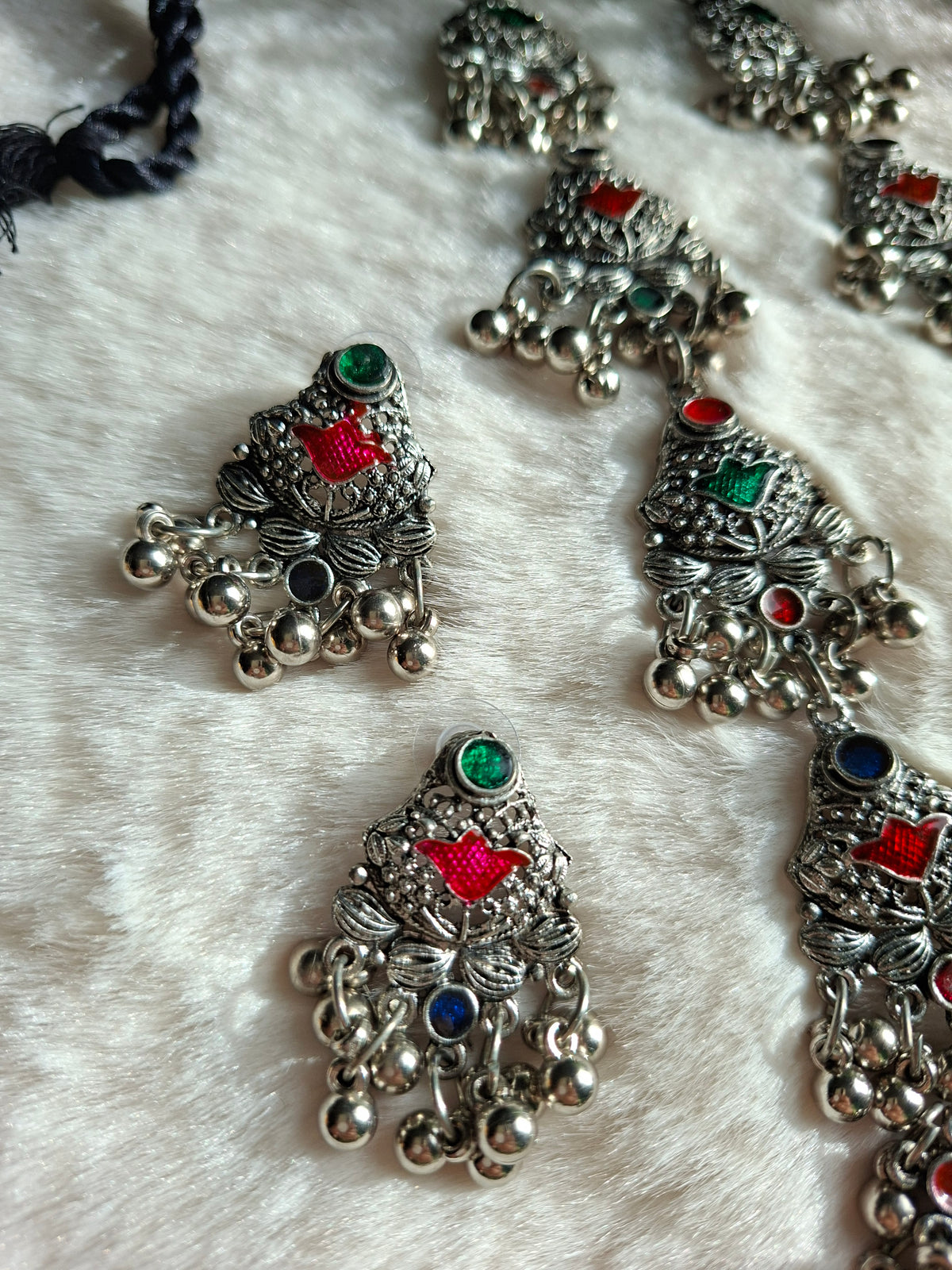 Traditional German Silver Long Necklace Set with Matching Earrings