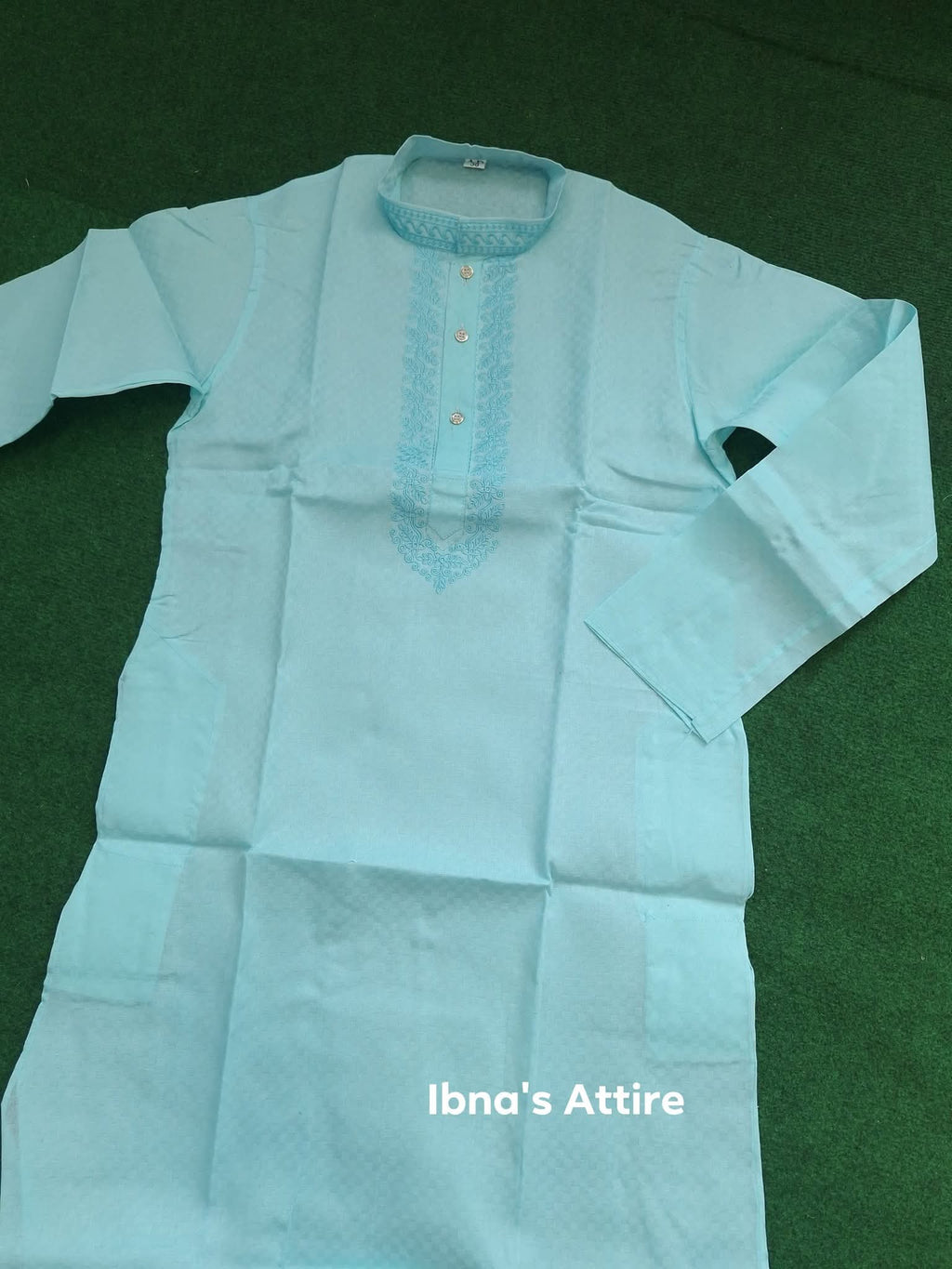 Summer-Friendly Sky Blue 100% Cotton Handloom Panjabi | Full Sleeve Men's Ethnic Kurta with Self Jacquard & Neckline Embroidery