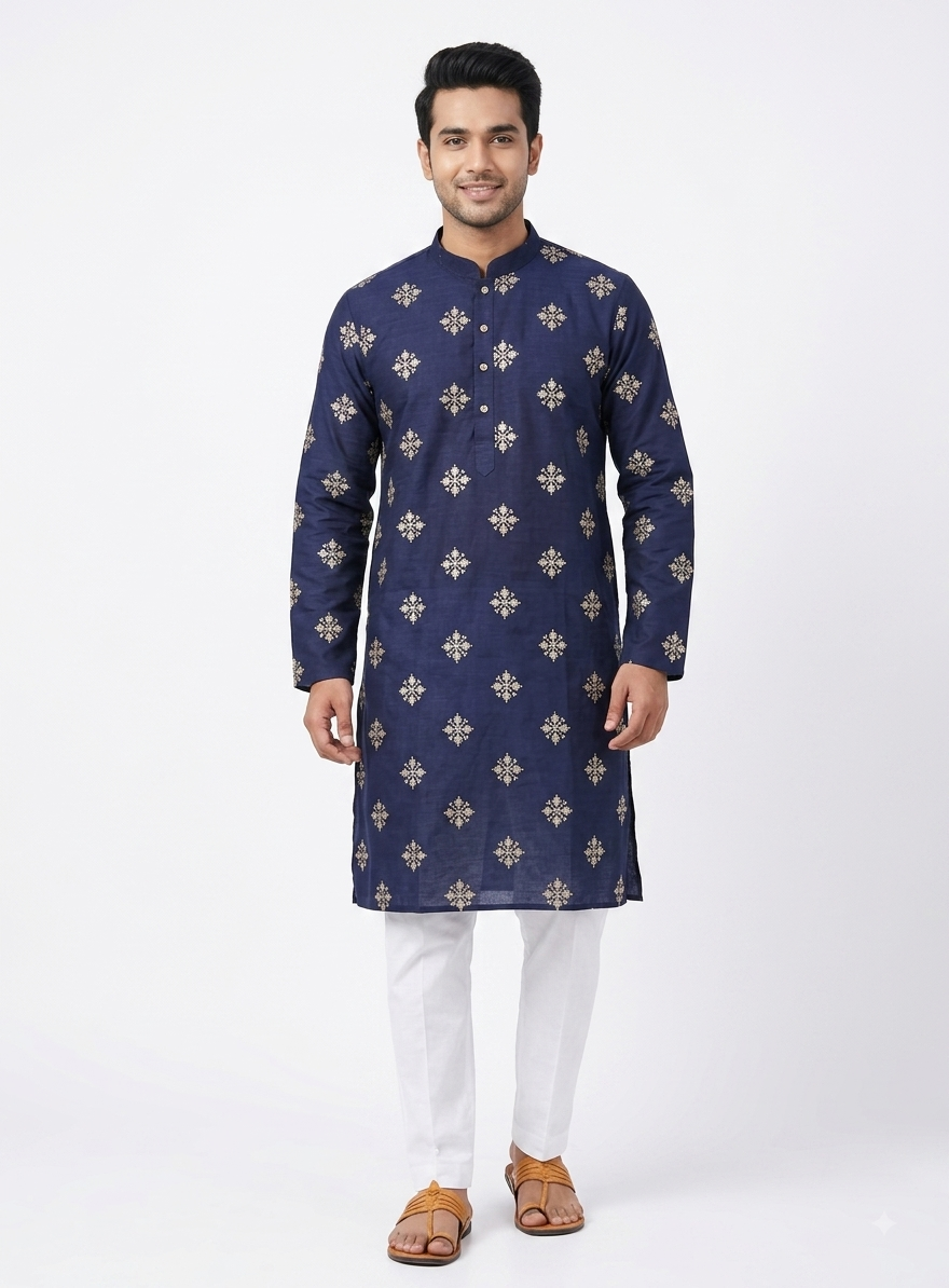 A man modeling a navy blue long-sleeve kurta with white gold geometric patterns, paired with white trousers and brown sandals, against a plain white studio background.
