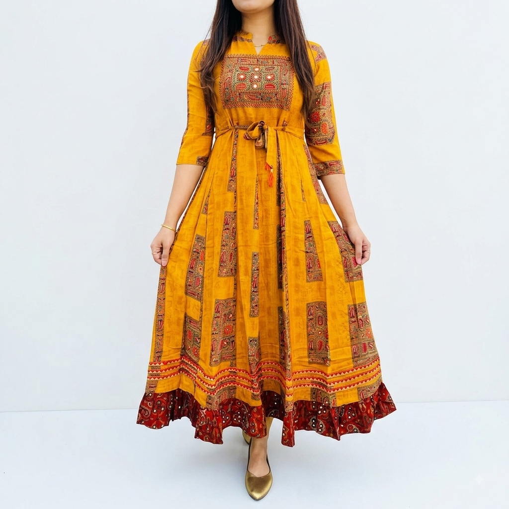 A woman modeling a mustard yellow viscose rayon with khatli work gown dress with red and brown geometric patterns, a tie waist, and a ruffled hem, set against a plain white studio background.