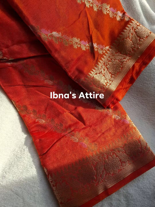 Banarasi Semi Silk Saree in Rich Rust Orange with Fine Zari Woven Design and Matching Blouse Piece