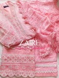 Light Pink embroidered and lace-trimmed traditional Pakistani pure lawn outfit laid flat, featuring a long-sleeve top with lace borders and matching embroidered pants with scalloped lace trim. A large 'Zaire' watermark is overlaid across the center.