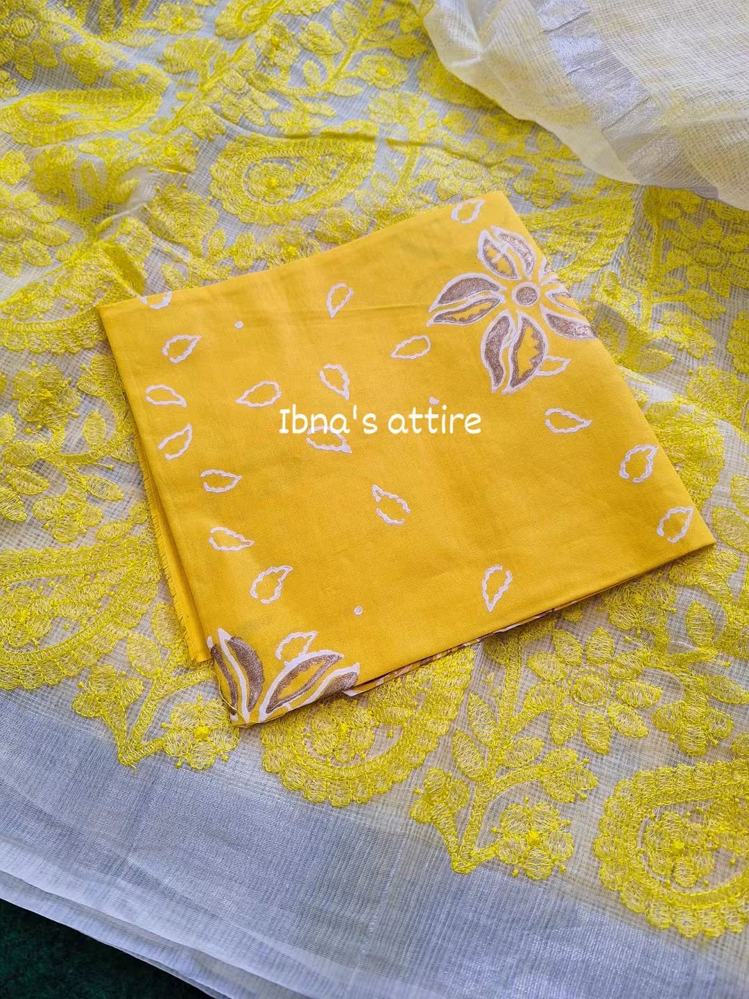 Pure Kota Saree with All-Over Lucknowi Chikankari Work & Cotton Block Printed Blouse Piece