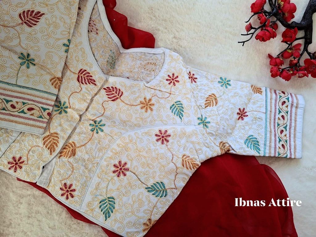 Handcrafted Kantha Stitch Malai Cotton Readymade Blouse | White Embroidered Saree Blouse (Size-40) (Free size alteration available from 36 to 42 size)