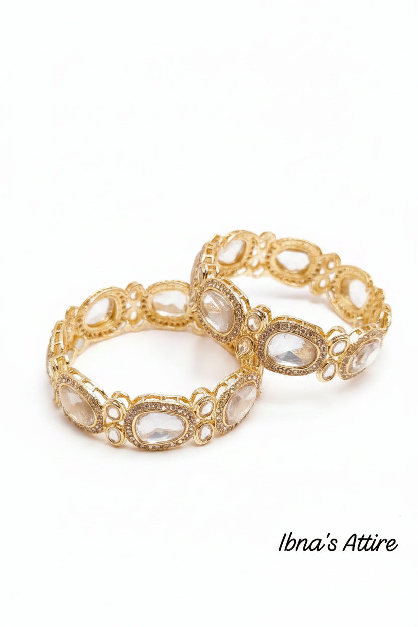 Exquisite Whitish Gold Kundan Bangle Set (1 Set = 2 Pieces)