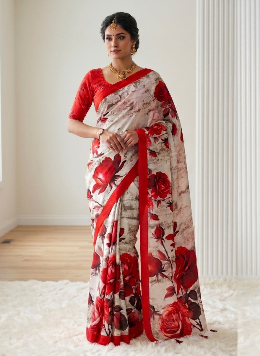 A woman models a red and beige floral linen saree with a red blouse in a bright indoor room with light wood floors and white walls.