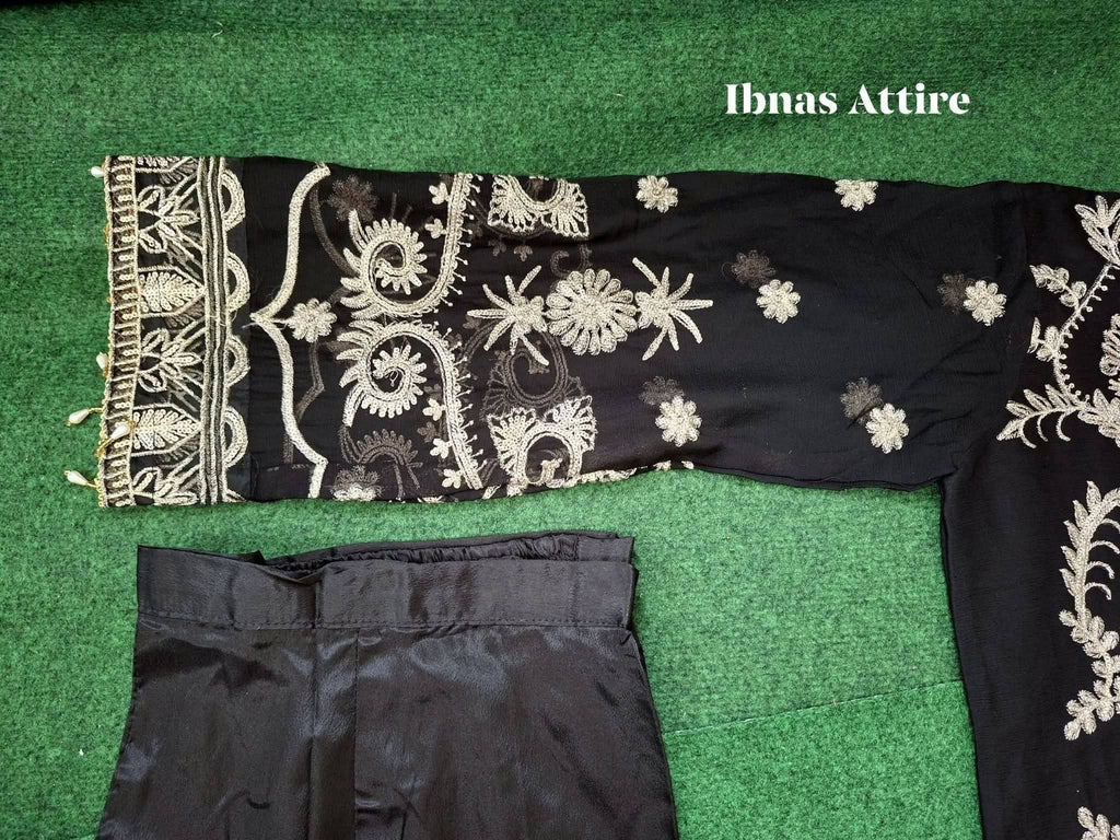 Agha Jaan Designer Black Chiffon Sequins Embroidered 3-Piece Suit | Plus Size Festive Wear (Size- 46)