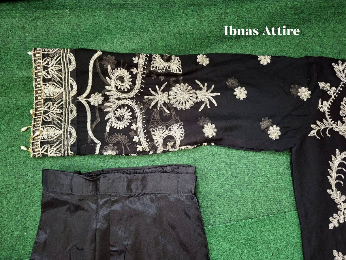 Agha Jaan Designer Black Chiffon Sequins Embroidered 3-Piece Suit | Plus Size Festive Wear (Size- 46)