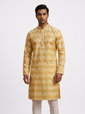 Male model wearing a golden yellow textured knee-length silk kurta with embroidered mandarin collar and placket, paired with white trousers against a plain light studio background.Intricate chevron-style thread embroidery framing the neckline and front button placket.