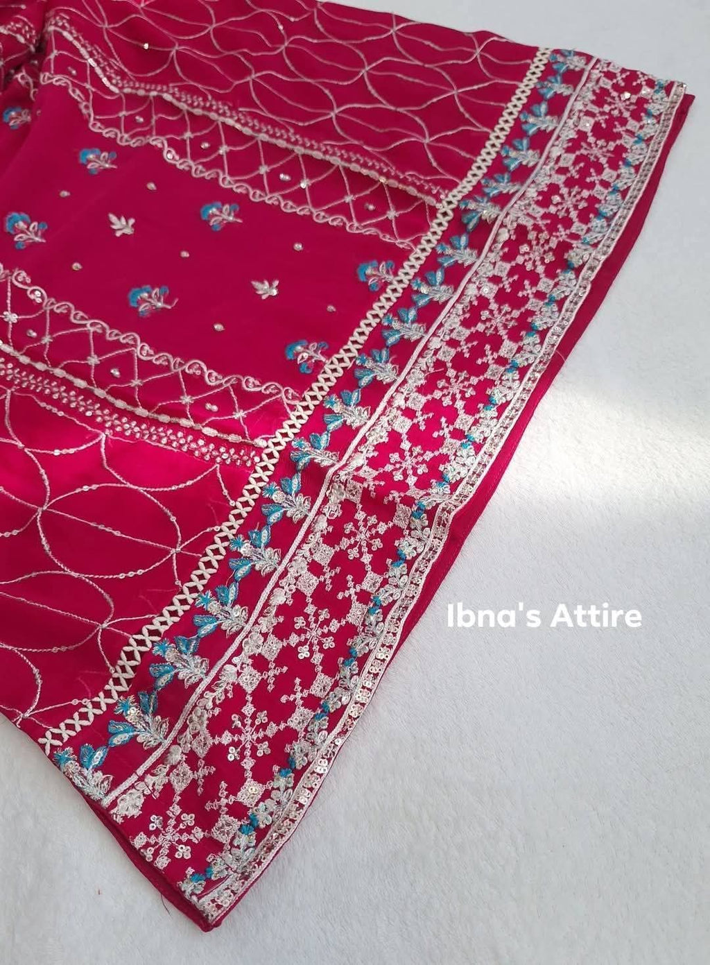 Aghanoor Chiffon 3-Piece Suit | Magenta Handwork Top & Embroidered Silk Trousers (Size-42)